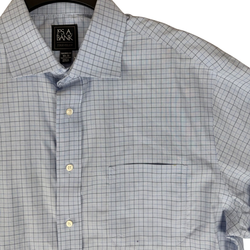 Jos. A. Bank Dress Shirt 16.5-33 Traveler Blue Check Tailored Fit Cotton